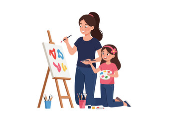 A woman and child paint together on a canvas with colorful shapes