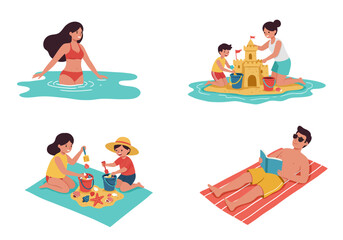 Beach scenes Woman swims family builds sandcastle kids play man reads on towel