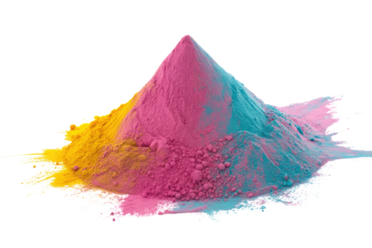 A vibrant pile of yellow, pink, and blue Holi powder, forming a striking, conical shape against a transparent background. background removed - Powered by Adobe