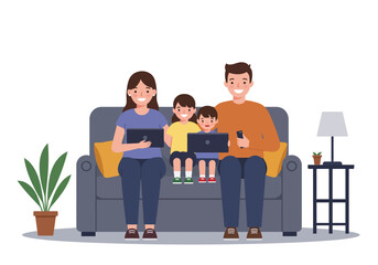 Cartoon family sits on a couch using electronic devices father with phone mother  children with tablets