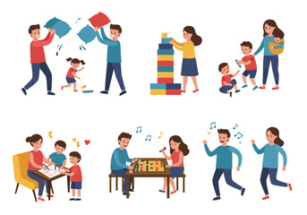 Fototapeta premium Cartoon families engage in various fun activities together in a cheerful playful setting