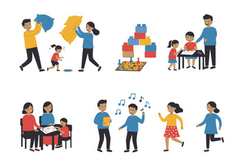 Cartoon people depicted engaging in activities like pillow fights drawing and board games