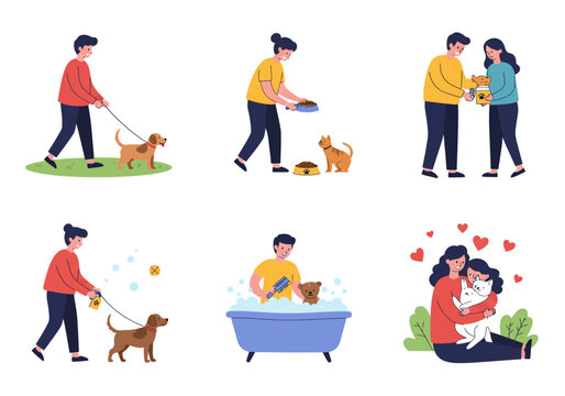 Cartoon illustrations show pet owners caring for their pets in different situations