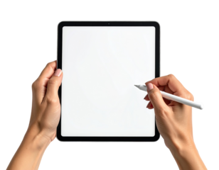 Hands holding a tablet with stylus