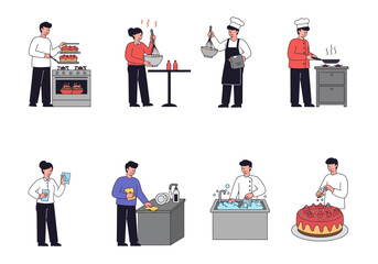 Obraz premium Chefs and assistants perform kitchen tasks baking washing and cooking