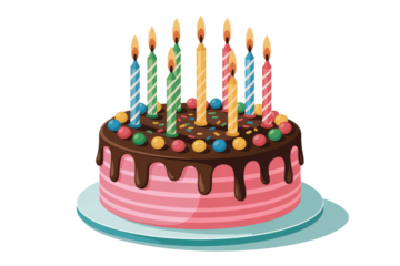 A delicious pink birthday cake with chocolate frosting, colorful candies, and eight lit candles. background removed