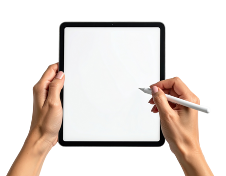 Hands holding a tablet with stylus