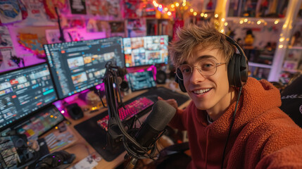 A Young Male Content Creator with Glasses and Headphones, Smiling and Actively Engaging with His Audience from a Vibrant, Colorful Home Studio.