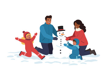 Family builds a snowman