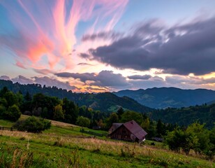 Mountain sunset over meadow