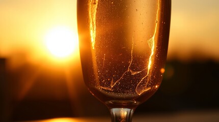 Champagne Toast Against the Sunset: A solitary champagne glass, filled to the brim, stands poised in front of a vibrant sunset.