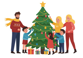 Family decorating a Christmas tree with ornaments and gifts underneath with parents and three children