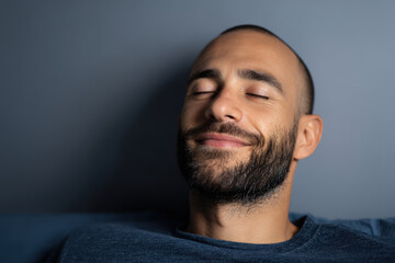 Obraz premium portrait of smiling person against clean minimalist interior embodying essence of restful recovery