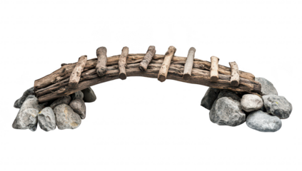 A rustic wooden bridge crafted from natural materials. arching over a collection of smooth stones. set against a clean white background. ideal for nature-themed projects or artistic displays