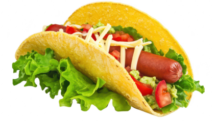 A taco filled with fresh lettuce. diced tomatoes. and cheese. featuring a hot dog as the main ingredient. set against a clean white background. ideal for culinary presentations or food blogs