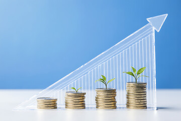 Concept of investment and wealth with coins and sprouting plants