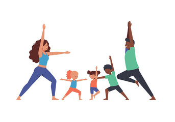 Family performs yoga woman man and three children in various poses