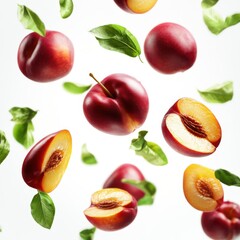 Fresh nectarines and leaves floating on a white background. Concept of healthy eating and freshness.