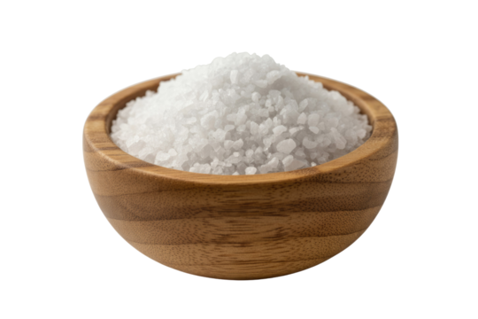 A wooden bowl filled with coarse white sea salt, isolated on a transparent background. background removed