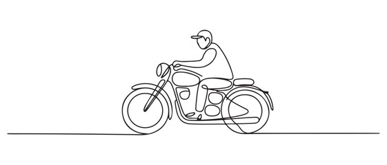 Continuous line drawing of man touring with classic motorcycle, Best Use for Sticker, editable icon. one line Icon drawing with white background