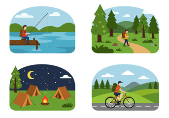 Four outdoor activities fishing hiking camping and cycling each in a distinct scene