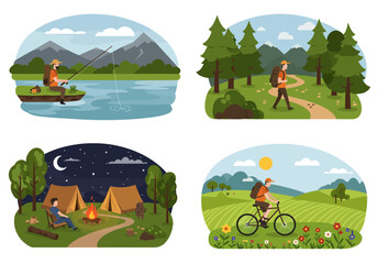 Fototapeta premium Four scenes depict outdoor activities fishing hiking camping and biking