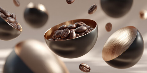 Fototapeta premium Floating coffee beans in modern black and gold bowls with soft blurred background