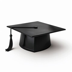A black graduation cap with a tassel sits on a white background, casting a subtle shadow.  The cap is square and sleek, symbolizing academic achievement