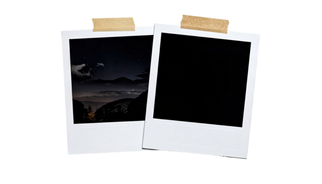 Two vintage-style, white photo prints, one with a night landscape, the other blank.  Beige masking tape affixed to each