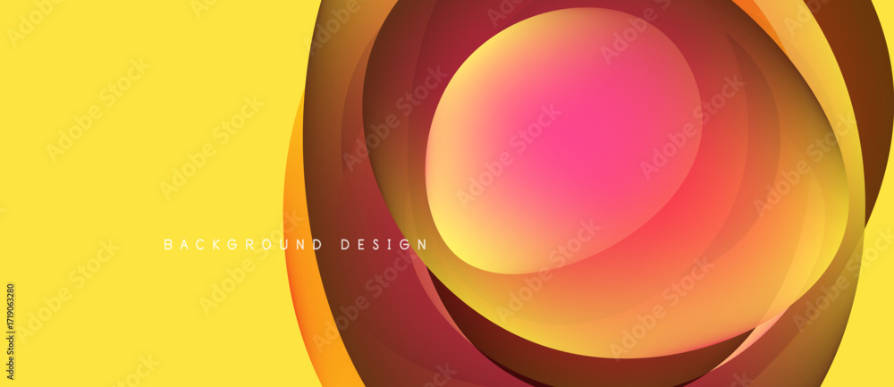 Poster abstract layers create vibrant circular design. yellow background complements orange, pink hues. mod