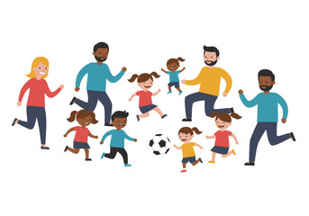 Group of adults and kids running and playing soccer on a white background