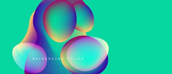 Abstract vibrant shapes overlap, creating colorful gradients. Turquoise background complements design elements. Modern aesthetic.