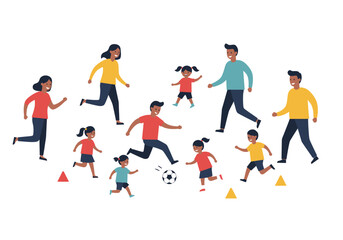 Group of adults and children playing soccer in an open area with colorful cones