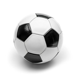 A classic black and white soccer ball, perfectly round, rests on a stark white background, casting a subtle shadow beneath