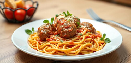 A generous serving of spaghetti topped with juicy meatballs, meatballs, gastronomy