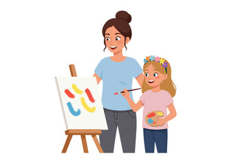 Mom  girl paint on canvas she holds palette smiling colorful blobs mark the canvas