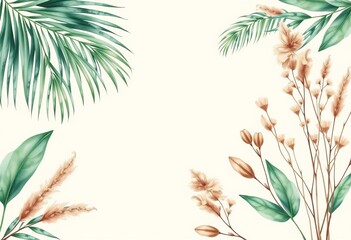 Beige boho background with hand-drawn watercolor palm leaves and dry tropical plants,   illustration,   vintage