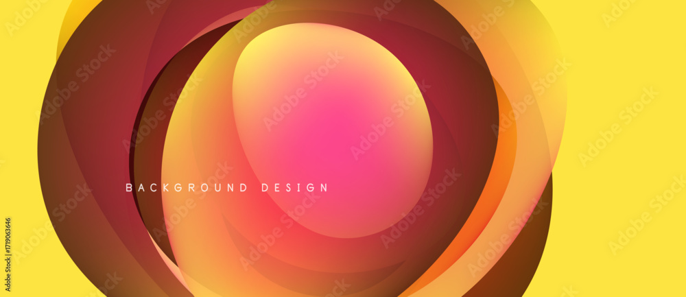 Poster abstract concentric circles, vibrant colors blend. yellow backdrop enhances warm gradient effect. mo
