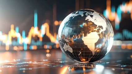 Glass globe with world map on a reflective surface, stock market graphs in background. - Powered by Adobe