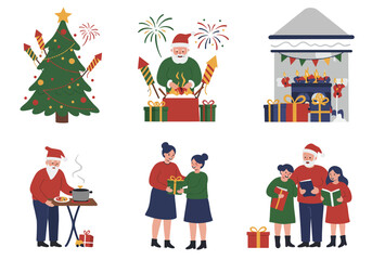 Six Christmas vignettes tree cooking Santa gifts carolers fireplace fireworks