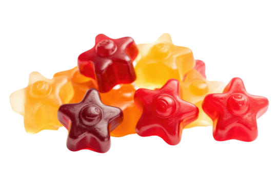 A pile of star-shaped gummy candies in red, orange, and yellow. background removed