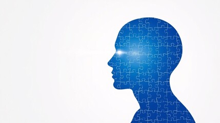 Obraz premium Blue Puzzle Piece Human Head Silhouette with Glowing Eye on White Background, Symbolizing Mind and Problem-Solving