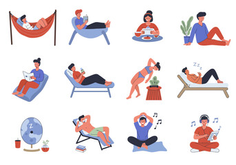 Twelve illustrations of people relaxing on vacation reading sunbathing and listening to music