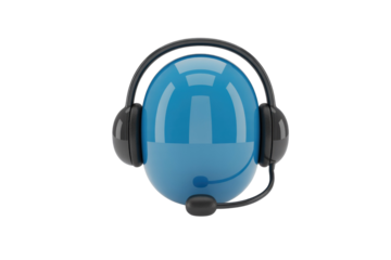 A 3D rendering of a blue sphere wearing a headset, symbolizing customer support or technical assistance. background removed
