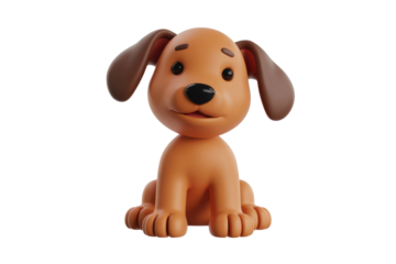 Adorable 3D render of a cartoon puppy sitting,  brown fur, big eyes. background removed