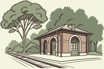 Atlanta Peachtree Station in Georgia, modest brick station with arched entrance surrounded by trees