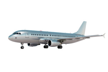 Obraz premium Silver passenger airplane isolated on transparent background, ready for takeoff or landing. background removed