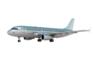 Silver passenger airplane isolated on transparent background, ready for takeoff or landing. background removed