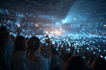 Crowd attending a music performance, holding up phones with glowing lights