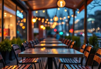 Empty cafe table at dusk, city lights bokeh, outdoor seating, blurred, retro